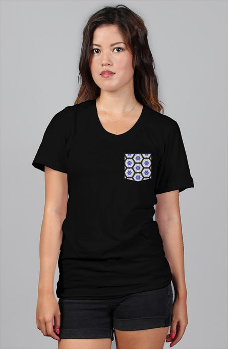Women's Black S/S T-shirt || Blue Flower-Power Pocket
